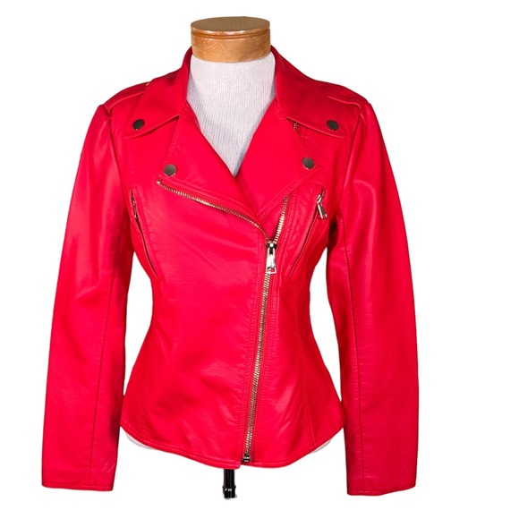 V Cristina Faux Red Leather Moto Jacket With Gold Colored Hardware Small… - Picture 14 of 15